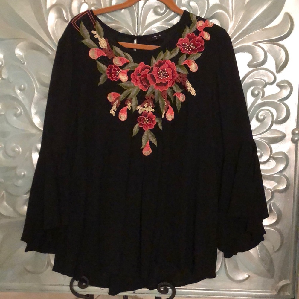 Embroidered Floral Black Women's Top - Rose Detail